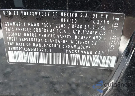 2013 Volkswagen Jetta 2.5L Se из США, поврежденный, VIN 3VWDP7AJ5DM432371